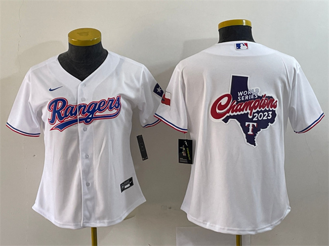 Youth Texas Rangers White 2023 World Series Champions Big Logo With Patch Stitched Baseball Jersey